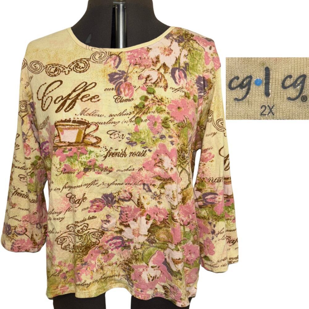 CG L CG Coffee Floral Printed 3/4 Sleeve Shirt Yellow Pink Beaded Plus Size 2X